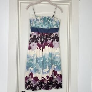 Max & Cleo Floral Cocktail Dress 4 Blue Purple Bubble Empire Spaghetti NWT